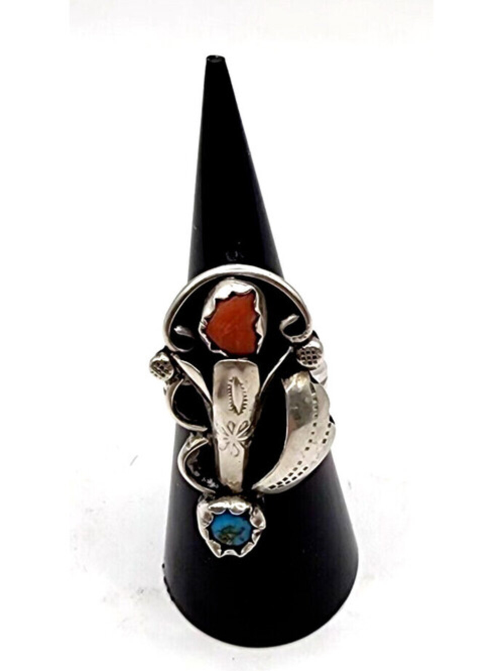 VINTAGE NAVAJO TURQUOISE & CORAL STERLING SILVER RING SIGNED by BOBBY THOMPSON